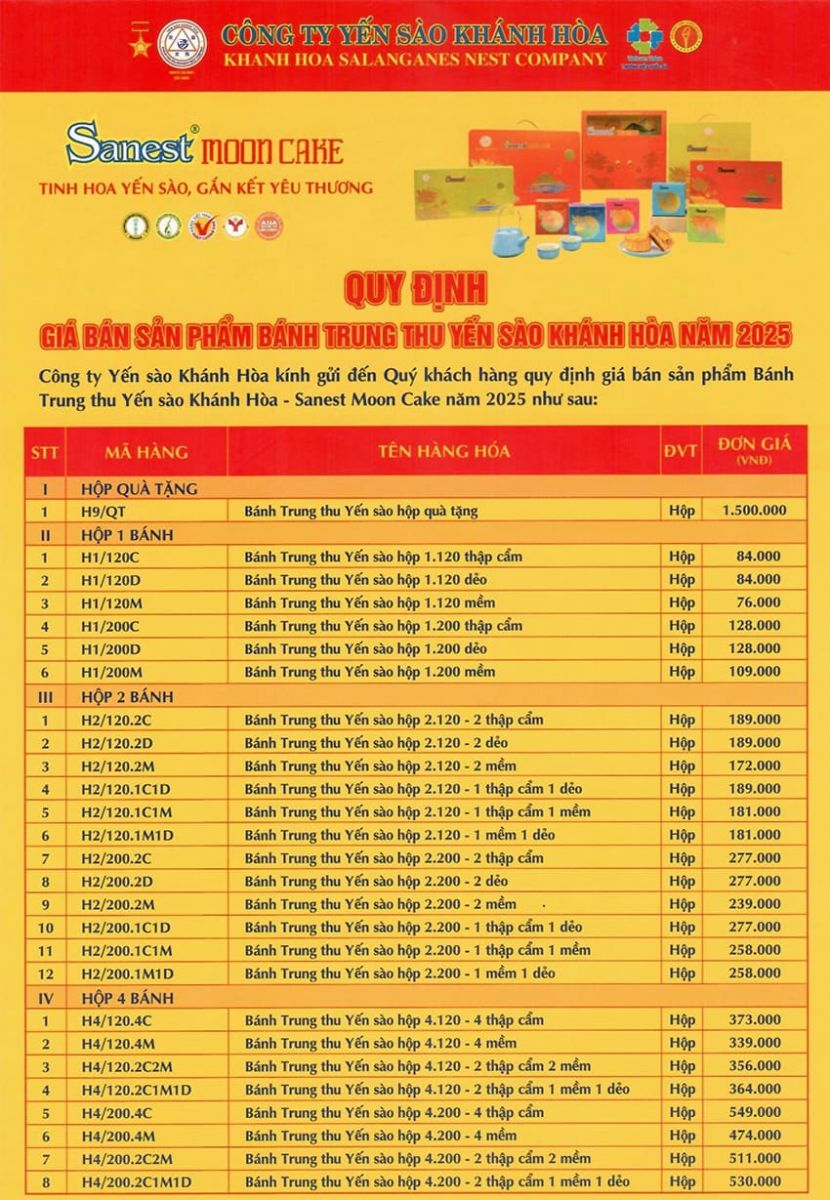 Bảng giá bánh trung thu yến sào Khánh Hòa 2025